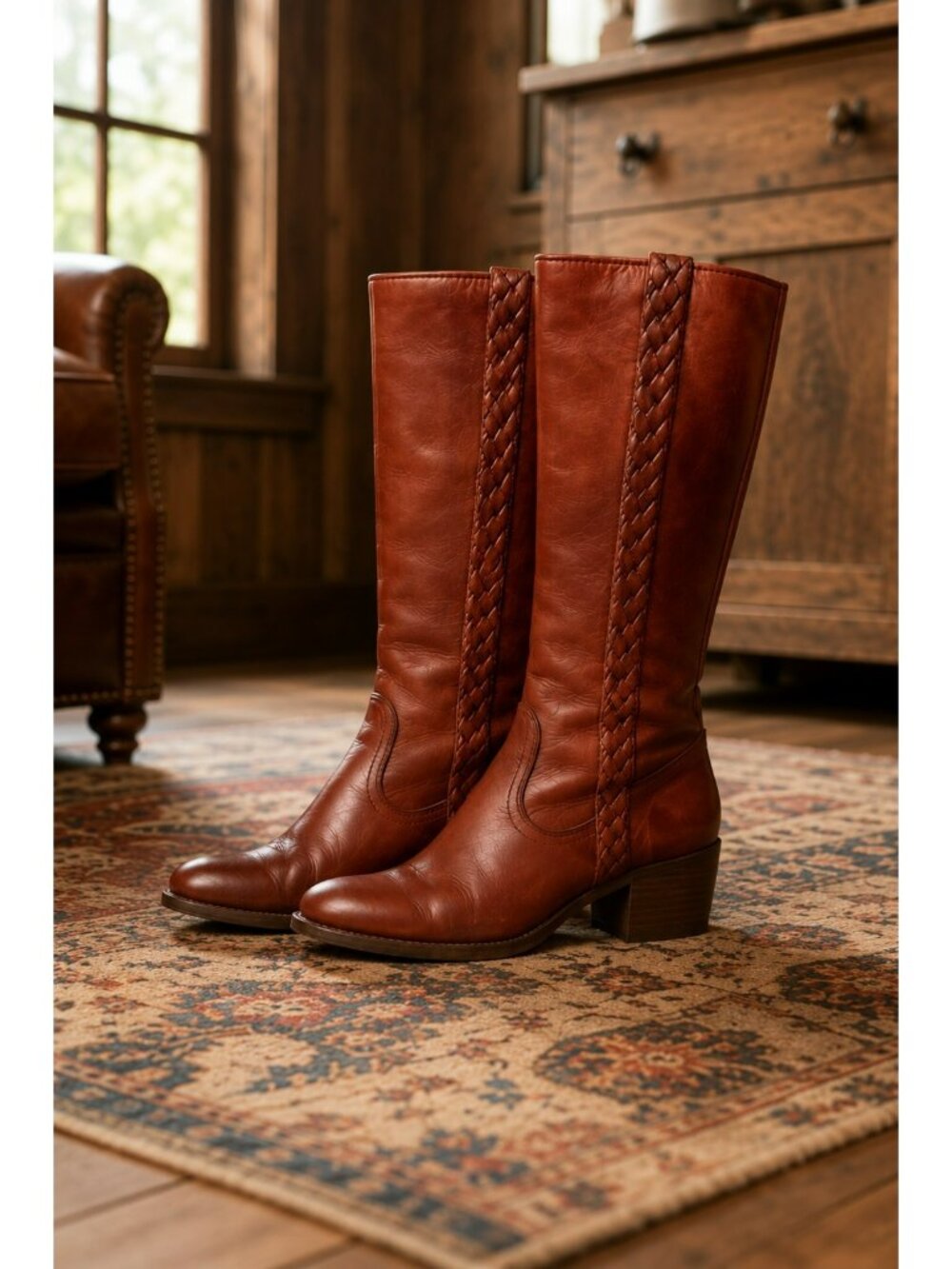 Frye Sabrina Womens 6B Braided Leather Knee-High Riding Boots Cognac